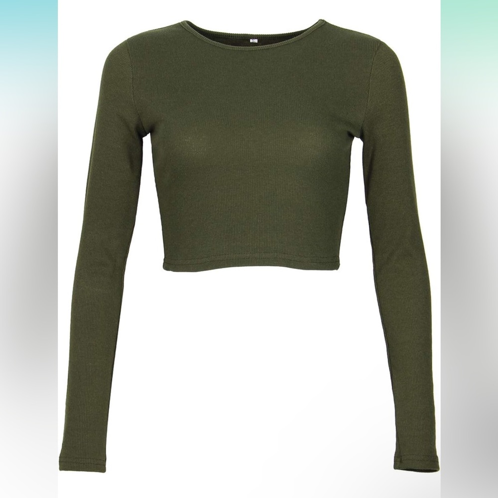 Round Neck Long Sleeve Knit Ribbed Fitted Basic Crop Top Shirts